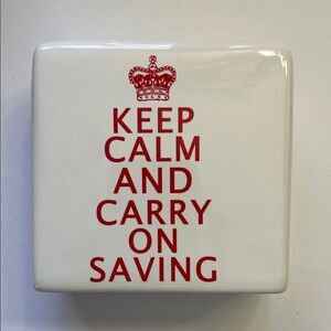 Piggy Bank Keep Calm and Carry On Saving White Ceramic Red Letters Savings Bank